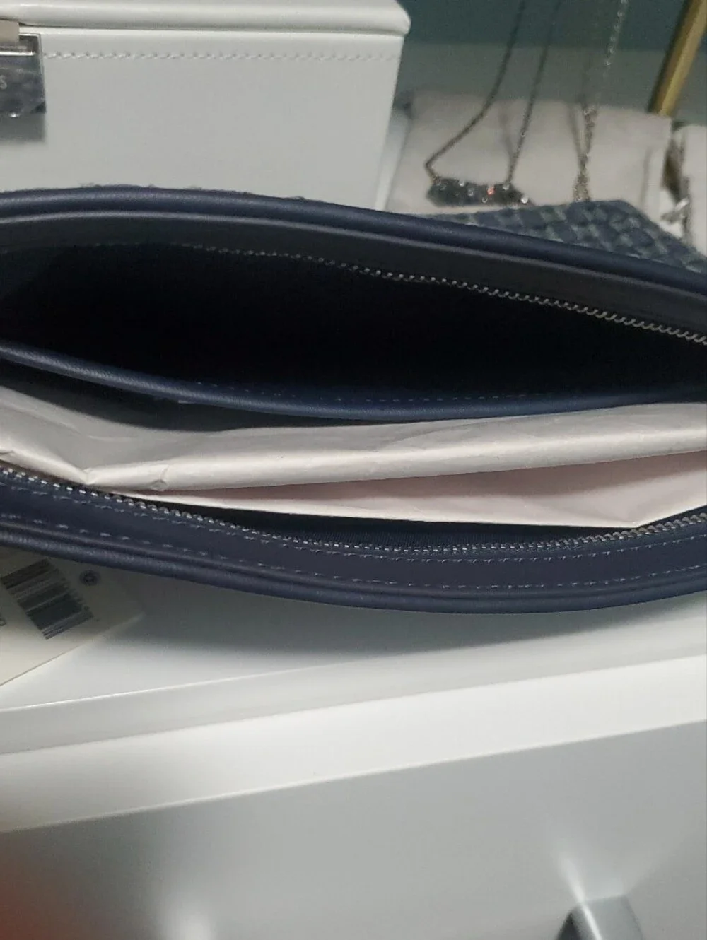 TORY BURCH WOVEN POUCH/WRISTLET. NAVY &GREY